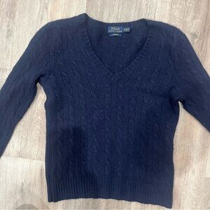 Polo Ralph Lauren Cashmere Cable Knit Sweater V-Neck Navy Blue Women's Size M